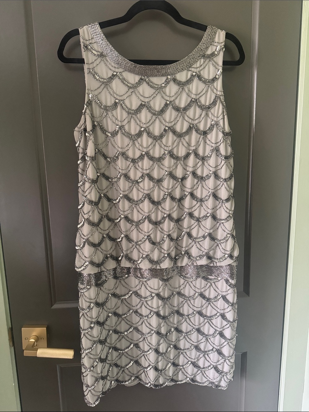 Adrianna Papell Grey Dress with Silver Sequin Scallop Overlay